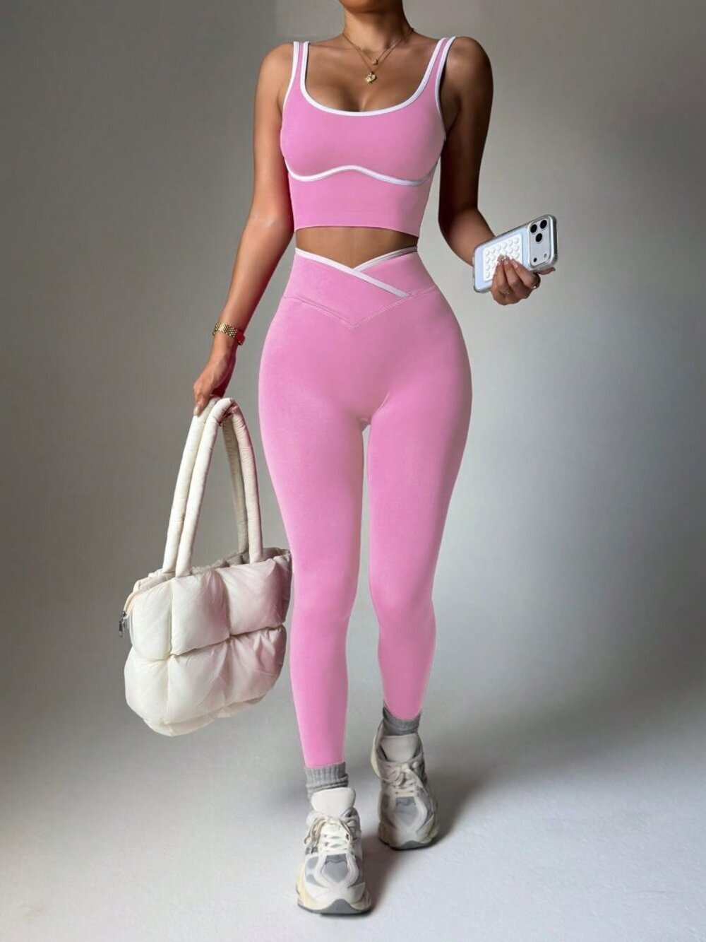 Pink Casual Women's Seamless Contrast Color And Yoga Activewear Set